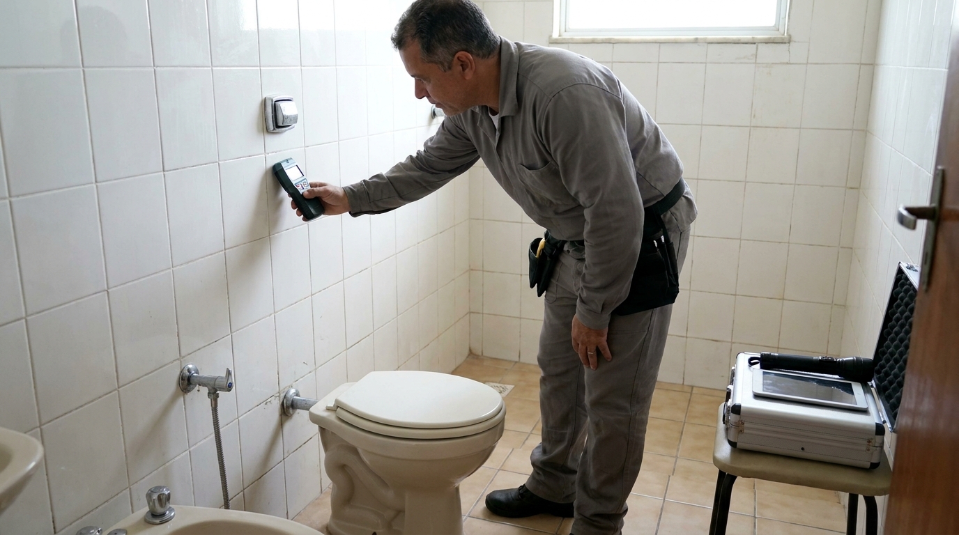 Técnico de caça vazamento analisando tubulação em Vila Velha‑ES